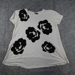 Left of Center Top Womens Extra Small White Black Floral Crew Neck Short Sleeve